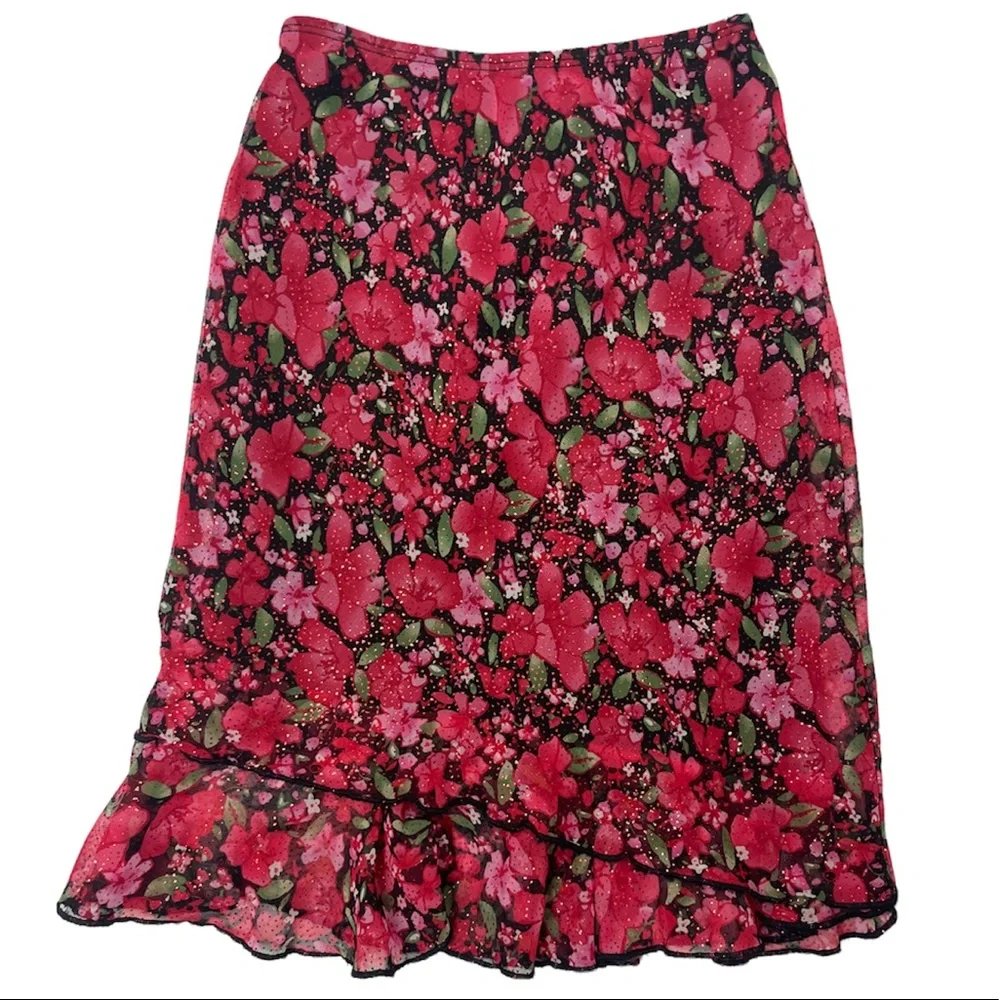Girls Dress Set Sparkling Floral Glitter Red 2 pc Skirt & Blouse Dressy Outfit
